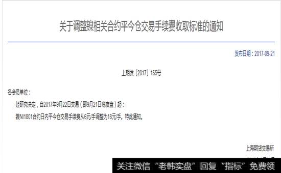 【上海期货交易所】上期所上调镍NI1801合约交易手续费