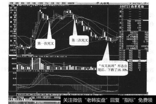 图32-6向下死叉10日移动平均线的“双叉扼颈”形态