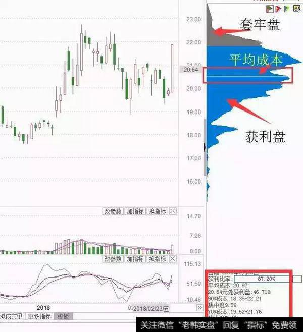 筹码分布图：在K线图窗口的右侧，由紧密排列的水平柱状条构成
