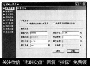 弹出【理财金算盘V1.2】对话框，选择【股票盈亏】选项，在计算方法设置区域中勾选【根据卖出价格计算盈亏】单选按钮