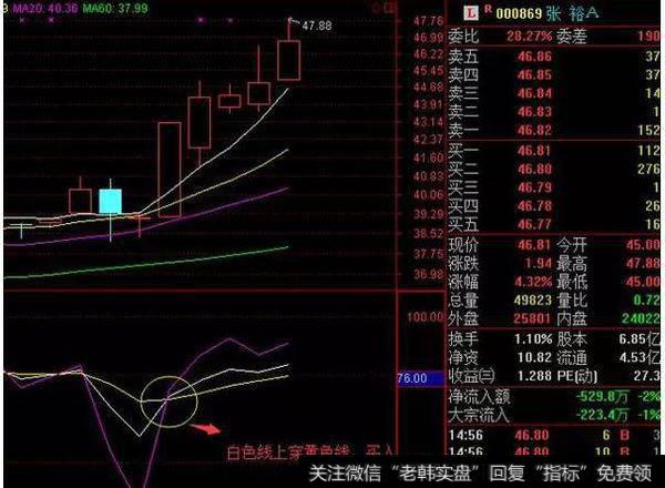 K白色线在低位上穿D黄色线为买入信号，K线在高位下穿D线为卖出信号