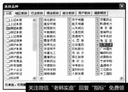 弹【选择品种】对话框。在【分类】选项卡中选择股票类型【深证A股】，并在右侧的窗格中选择具体的股系品种【江苏三友】。