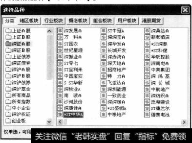 弹出【选择品种】对话框。在【分类】选项卡中选择股票类型【深证A股】，并在右侧的窗格中选择具体的股票品种【*ST中华A】。