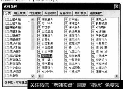 弹出【选择品种】对话框。在【分类】选项卡中选择股票类型【深证A股】，并在右侧的窗格中选择具体的股票品种【深物业A】。