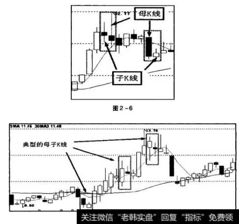 有母子关系的两根K线中，运动轨迹较大的K线称为母K线，运动轨迹较小的K线则称为子K线