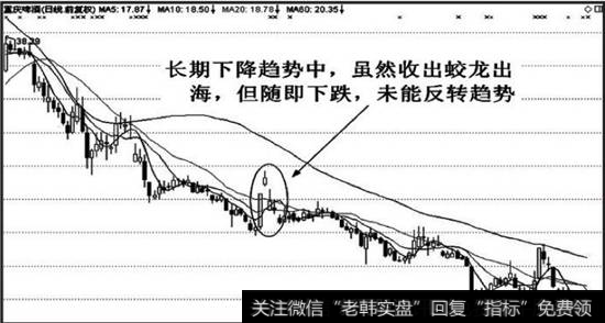 在长期下降趋势中，坟龙出海是中期反弹信号还是长期反转信号无法区分，交易者买入存在一定风险，应当按照抢反弹的交易策略进场