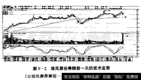 图9-2琼民源在停牌前一天的技术走势(琼民源停牌前一天放量下挫，与其消息面有关)