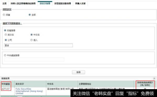 香港证监会搜索结果显示