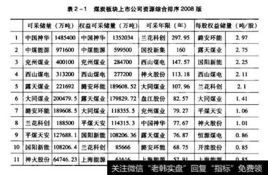 表2-1煤炭板块上市公司资资源综合排序2008版