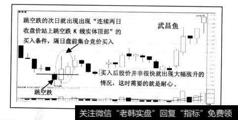 600275武昌鱼2004年8月19日出现跳空跌，之前5个交易日股价已经下跌10%以上，跳空跌的次日开始出现连续两个交易日收盘价站上跳空跌K线实体顶部的买入条件