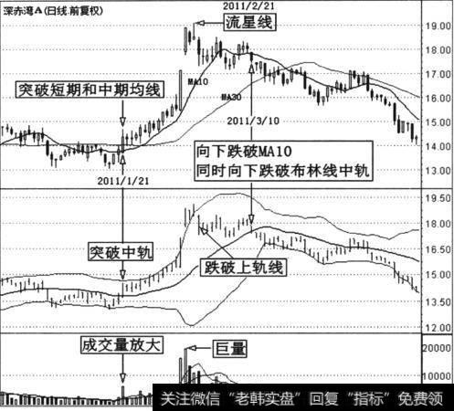 深赤湾日K线、布林线与美国线以及成交量组合分析图