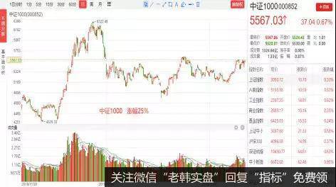 1、代表中小盘个股的中证1000指数，年涨幅25%