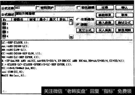 ASI指标“技术指标公式编辑器”界面示意图